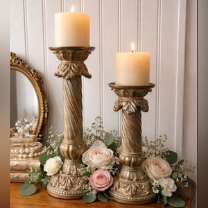 Elegant Hollywood Regency Style Bronze Pillar Candle Holders (Pair)